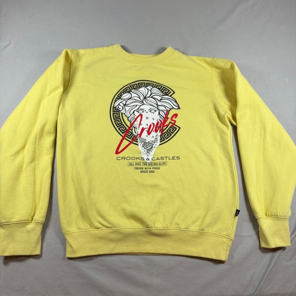 Crooks & Castles Mens Medusa Bandana Graphic Sweatshirt Yellow Medium Streetwear